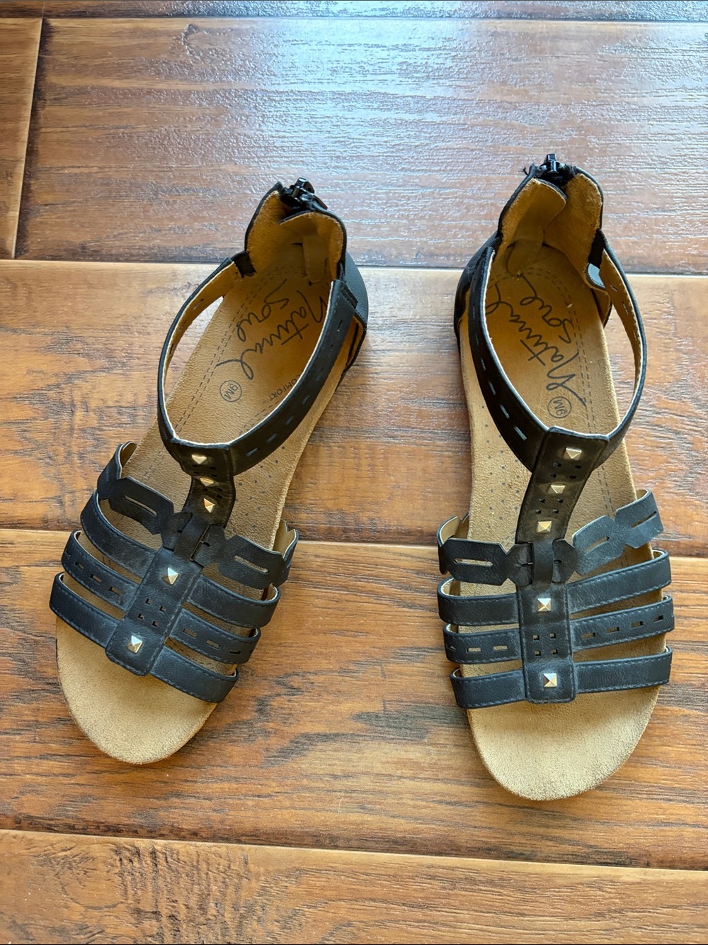 Natural Soul Black Strappy Studded Women’s Sandals - Size 9